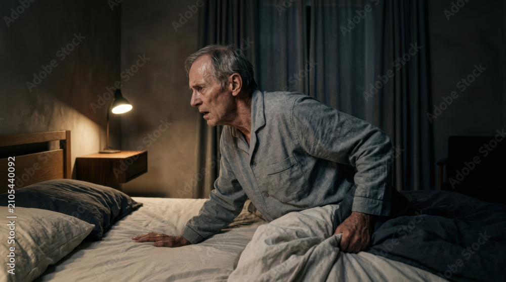 Obraz premium Senior Man Wakes Up In A Dark Bedroom To A Mystery Sound