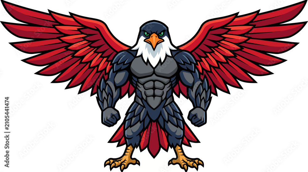 Fototapeta premium Powerful muscular eagle mascot with large red wings spread wide