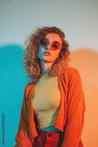 Woman with curly hair wearing round sunglasses in colorful neon light. Portrait of stylish girl in trendy fashion clothing against blue and orange gradient background. Retro mood style.