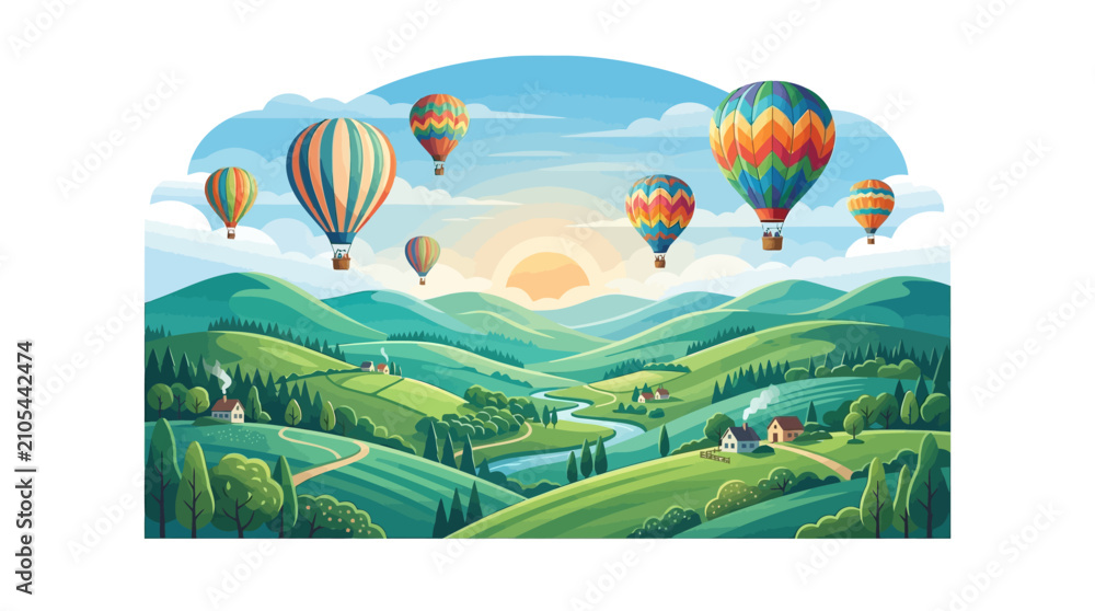 Fototapeta premium Hot air balloons flying over landscape.