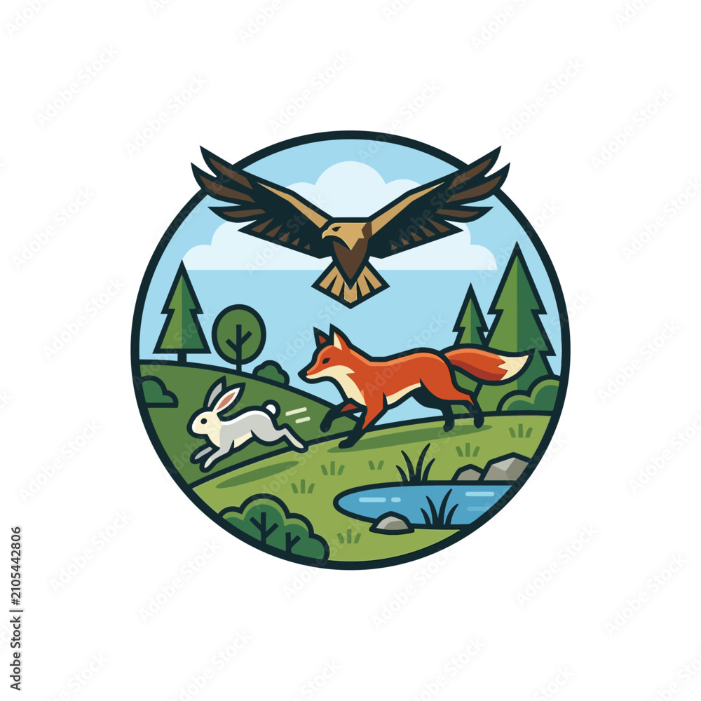 Fototapeta premium Fox Hunting Rabbit with Eagle Overhead.