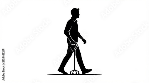 Foto Silhouette of a man walking with a quad cane isolated on white background
