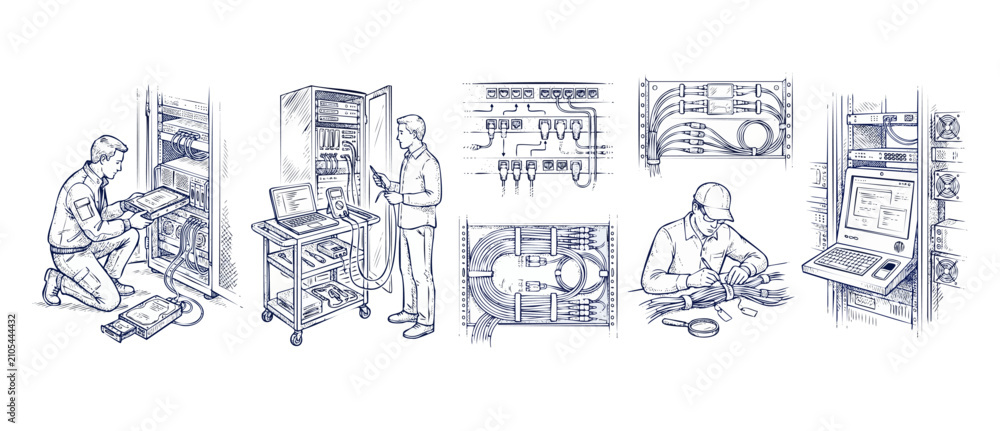 Obraz premium Server rack network technician sketch set showing database maintenance, IT cable management, datacenter hardware engineering, and computer system installation in a hand-drawn line art style.