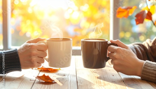 秋のカフェでコーヒーを楽しむ二人の手元
