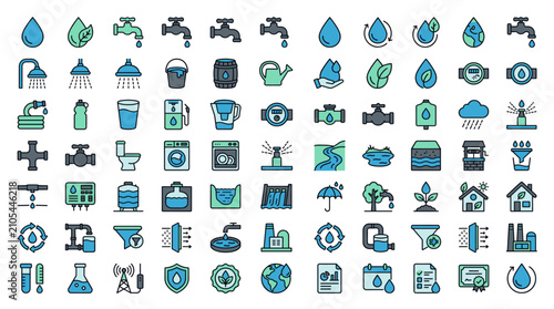 Water utility plumbing and ecology management line icon set
