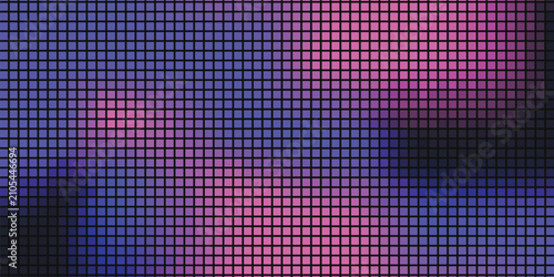 Dark colorful pixel mosaic gradient background made of square grid tiles. Abstract geometric digital pattern in vibrant purple spectrum colors.