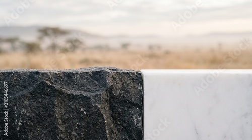 Dark Rock Edge Meeting White Railing Against Blurred Landscape