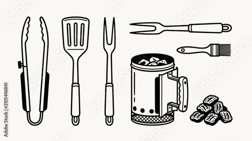 Foto A collection of essential barbecue grilling tools and equipment including tongs, spatula, fork, basting brush, charcoal chimney, and briquettes, depicted in a clean line art style