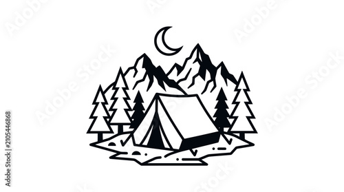 Black and white line art illustration of a serene night camping scene with a tent, pine trees, mountains, and a crescent moon.