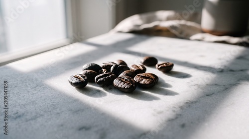 Coffee Beans in Morning Sunlight on Marble Surface