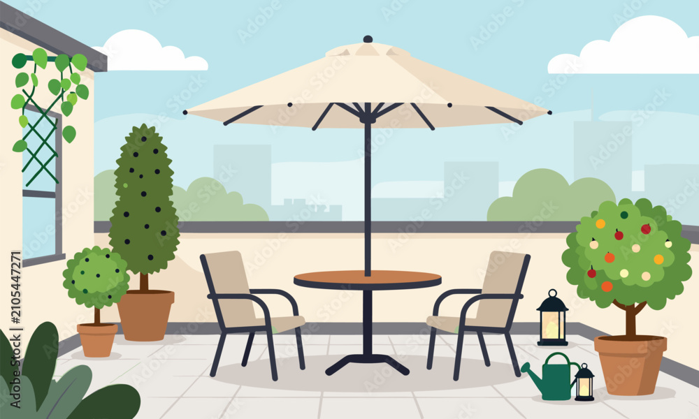 Obraz premium Sunny rooftop terrace featuring a cozy dining table under a large umbrella surrounded by beautiful green potted plants.