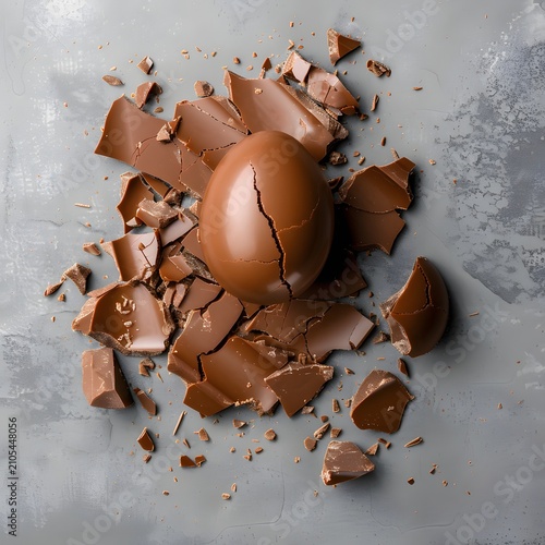 Cracked Chocolate Egg on Textured Surface A Delicious Treat Waiting to be Enjoyed.