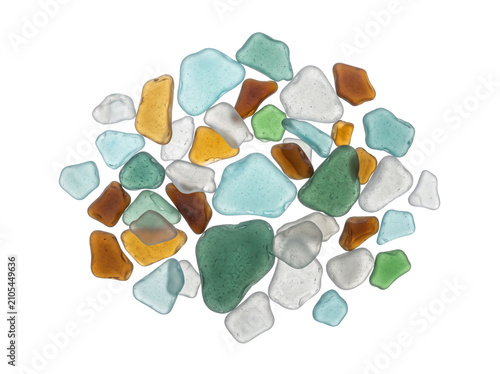 Polished Sea Glass Fragment Cluster with Frosted Ocean-Worn Texture Isolated on White