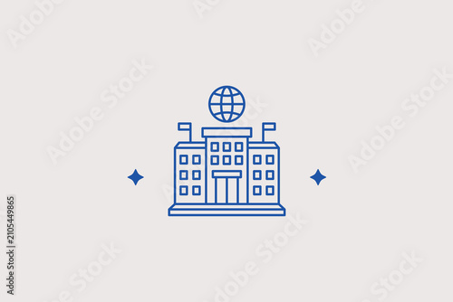 Photos Embassy building with global grid line icon for international relations