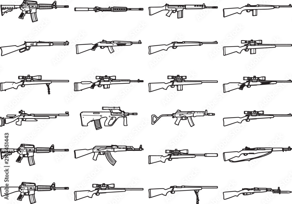 Obraz premium A grid of 30 weapon icons, featuring various rifle and firearm designs, presented in a clean, illustrative style.