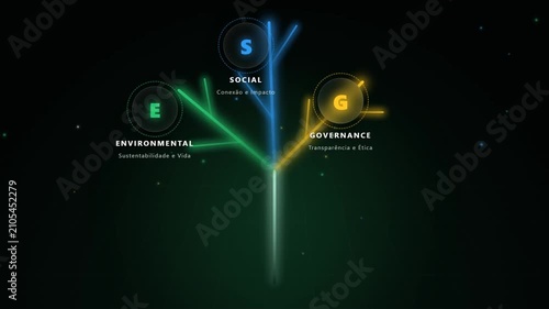 Conceitos ESG com elementos gráficos de neon em fundo escuro
