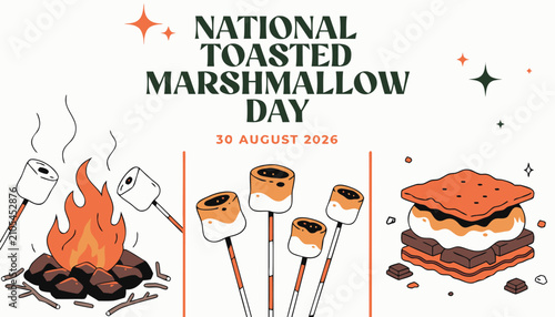 National toasted marshmallow day celebration graphic with campfire and snacks