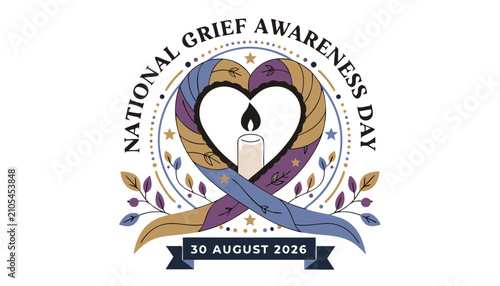 National grief awareness day emblem with candle and heart ribbon