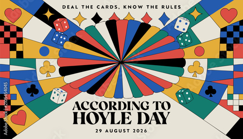 Colorful abstract poster design featuring playing card symbols and dice icons