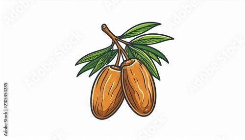 Artistic depiction of dates on a branch with leaves.
