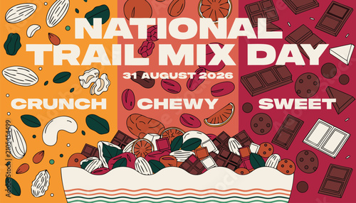 Colorful graphic poster celebrating national trail mix day with healthy ingredients