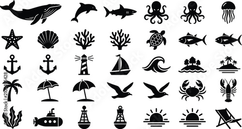 A collection of nautical and beach icons in black and white
