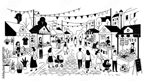 Obraz na płótnie Outdoor Market Scene: People Shopping at Stalls with Bunting and Buildings