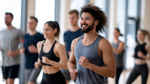 diverse group participating in cardio fitness class, heart health awareness, energetic movement, bright modern gym, authentic wellness photography