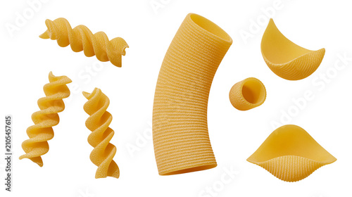 Foto Assorted dry pasta shapes fusilli rigatoni conchiglie, and penne