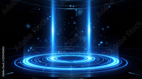 Futuristic Sci-Fi Hologram Podium with Glowing Blue Neon Light Rings and Teleportation Rays