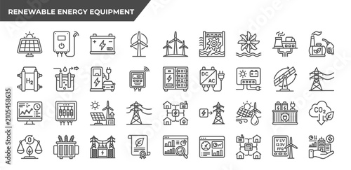 Renewable Energy Vector Icon Set Solar Wind Power Outline Style