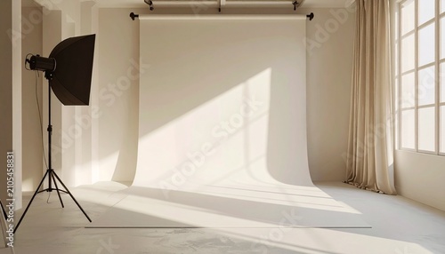 Bright photography studio with backdrop and softbox lighting setup.