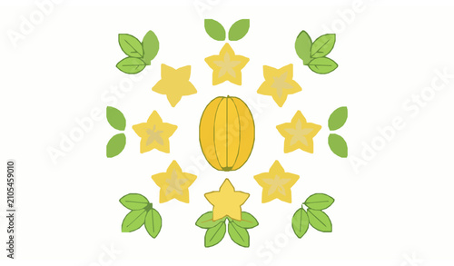Quadro su tela Tropical Star Fruit Collection Top View Flat Lay Vector Set Isolated on White