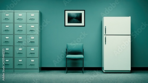 Forensic examination room with confidential evidence files under investigation, vintage filing cabinets, crime scene photographs