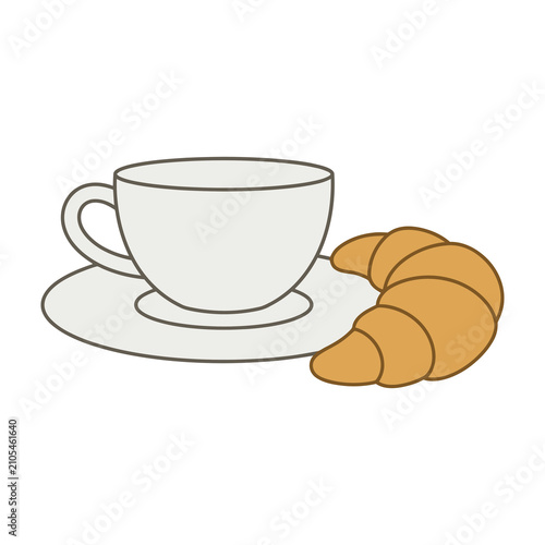 Cup of coffee and a fresh buttery croissant for a delicious morning breakfast meal