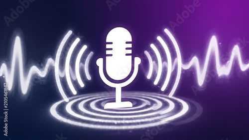 Glowing podcast microphone icon with sound waves on purple background audio radio recording voice broadcast