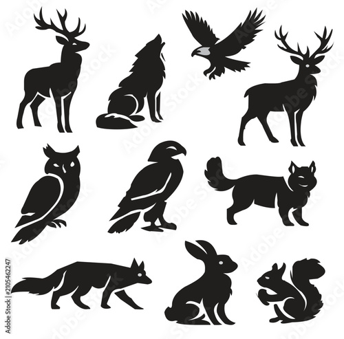Wall Mural Silhouette Vectors Set - Deer, Wolf, Eagle, Owl, Fox, Rabbit & Squirrel Collecti