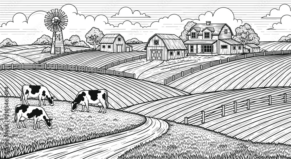 Fototapeta premium Countryside farm landscape sketch with grazing cows, windmill, traditional barns, and beautiful rolling fields.