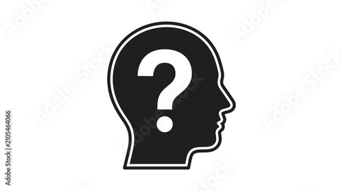 Quadro su tela Black silhouette of a human head in profile with a large white question mark inside, symbolizing confusion, doubt, or inquiry