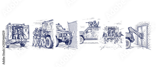 Fotografía SWAT team tactical police illustration of armored vehicle breaching door and deploying special forces soldiers in a hand-drawn blue ink sketch storyboard sequence for military action concept