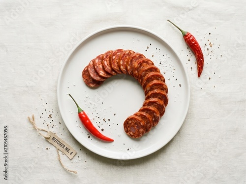 Chorizo Slices and Red Chilies on Plate: Rustic Culinary Still Life for Food Content
