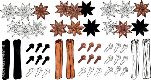 Aromatic Baking Spices Vector Set with Cinnamon Sticks Star Anise and Cloves in Outline Silhouette and Colored Sketch Styles for Culinary Graphic Designs
