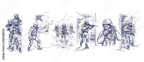 Obraz na płótnie SWAT Tactical Team Sketch Illustration of Special Forces Soldiers wearing Gas Ma