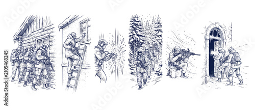 Canvastavla Military soldiers tactical winter operations line art illustration set