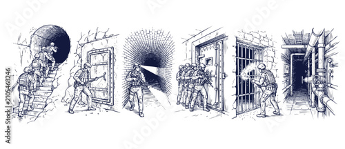 Konstfotografi Tactical soldier illustration underground military team breaching steel doors, scouting dark sewer tunnels, cutting iron bars with blowtorch in monochrome sketch engraving storyboard style
