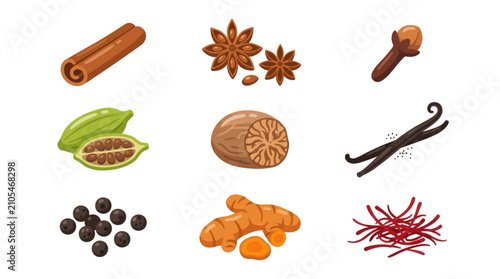Foto Collection of culinary spices and herbs