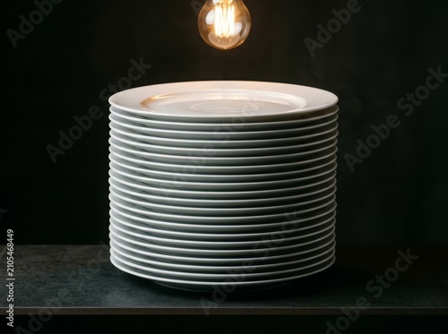 Stack of white ceramic plates on dark shelf under tungsten light, modern kitchen or restaurant decor