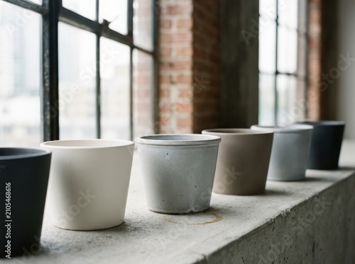 Minimalist ceramic planters on concrete ledge in studio, soft light highlighting matte textures
