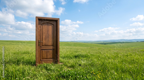 Elegant wooden door standing alone in endless green meadow beneath bright blue sky
