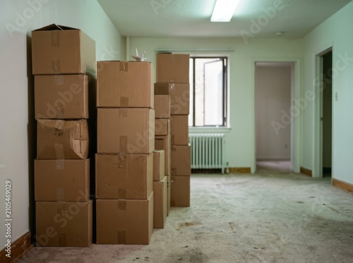Cardboard Boxes Stacked in Empty Apartment Room, Ready for Moving or Storage